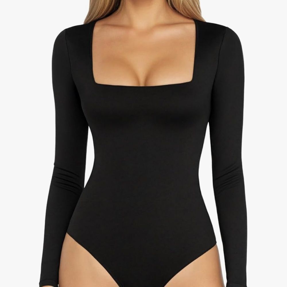 MANGOPOP Women's Square Neck Short Sleeve Long Sleeve Bodysuit Black